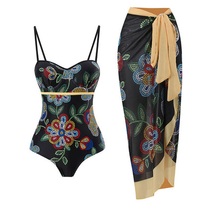 One Piece Swimsuit Women Skinny Slimming Vintage Printed Chiffon Dress with Steel Bracket Hard Bag Swimsuit