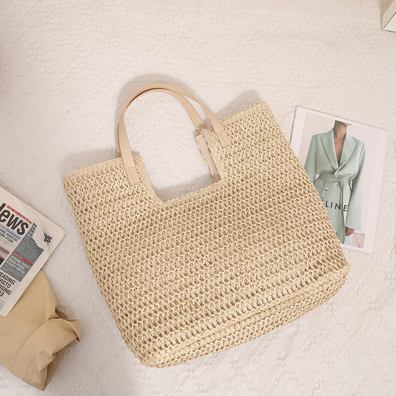 Shoulder Straw Bag Simple Large Capacity Portable Straw Bag Woven Bag Seaside Vacation Beach Bag Women Bag EaseWoven