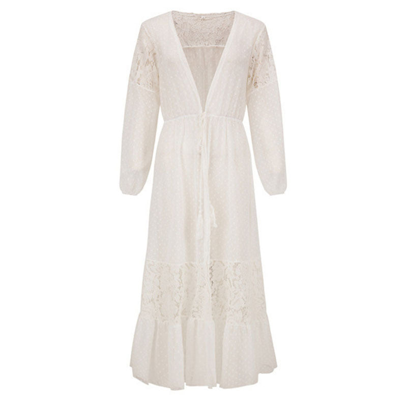 Chiffon Stitching Lace Lace Beach Cover Up Sexy Cardigan Loose Vacation Beach Cover Up