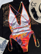 Maillot de bain une pièce sexy à décolleté plongeant en V et imprimé couleur