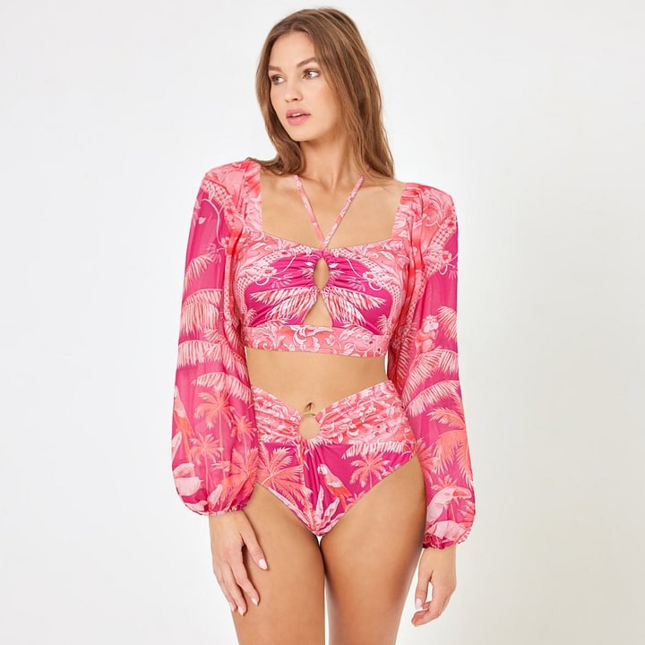Oblique Shoulder Long Sleeve Halter Swimsuit Women High Waist Thin Bikini ShineRealm