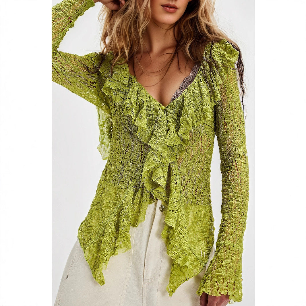 Lace V neck Shirt Women Autumn Ruffles Cardigan Long Sleeve Short Knitted Top Rogan