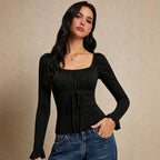 Square Collar Long Sleeve T shirt Women Lace Stitching Tied Waist Slimming Flared Sleeves Top Yiskiss