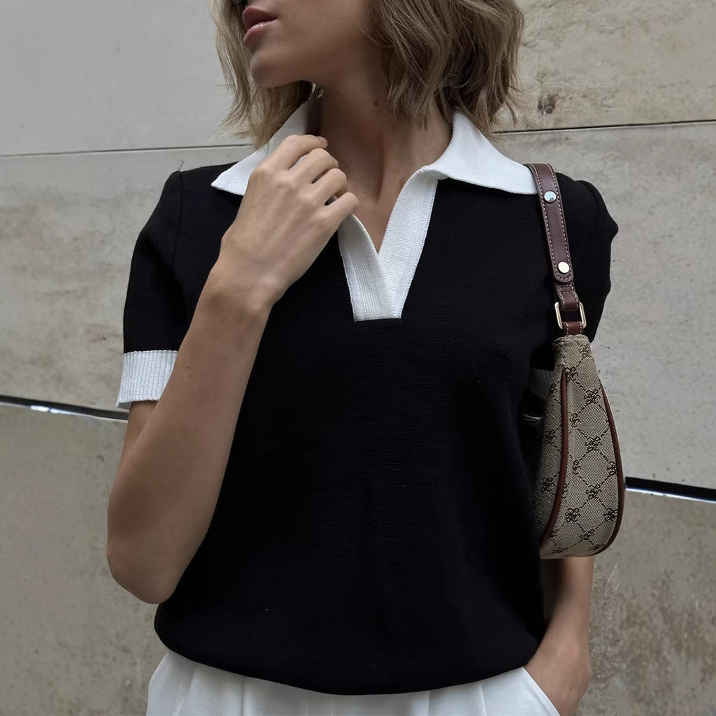 Short Sleeved Knitwear Summer Office Polo Collar Contrast Color Slim Fit Knitted Top BlueLine