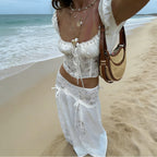 Spring Lace Stitching Lace Waist Controlled Top Women High Waist Sexy Lace up Skirt Beach Vacation Set Mangar