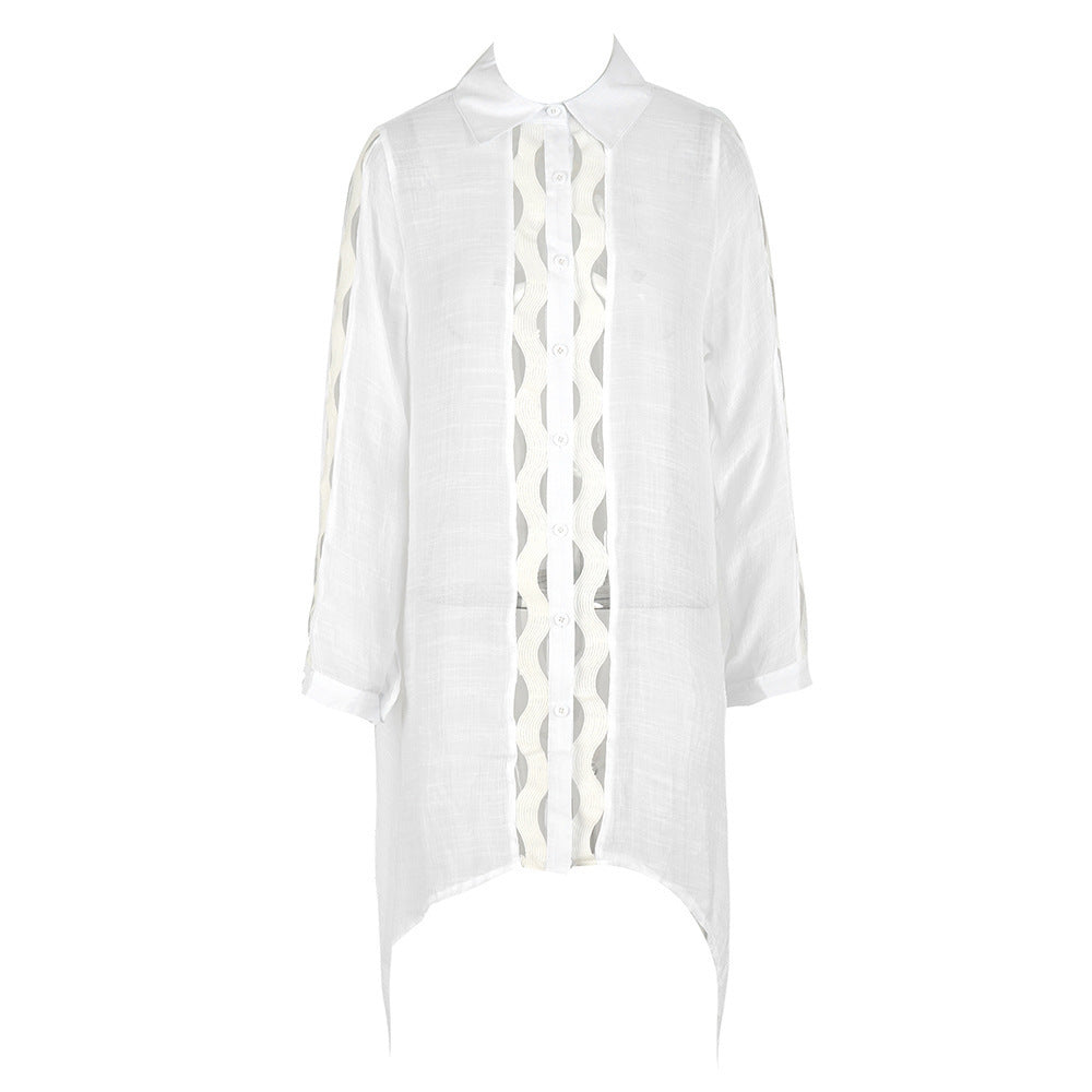 Slub Cotton Patchwork Edge Shirt Sun Protection Cardigan Vacation Beach Coat Bikini Cover up Blouse EvenStar
