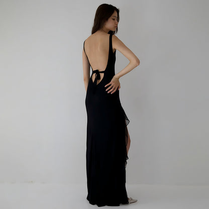 Summer Elegant Ribbon Women Dress Sexy Backless High Slit Ruffled Slim Dress