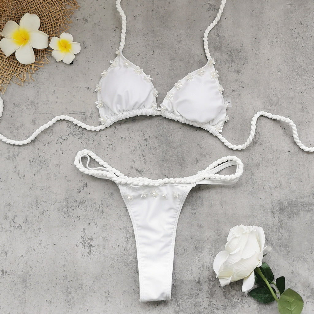 Pure White Low Waist Braid Rope Lace up Sexy Backless Split Swimsuit for Women Thunder