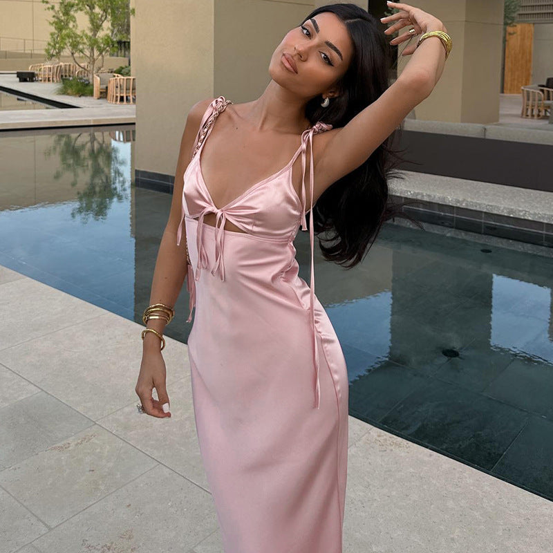 Robe d'été sexy en satin à bretelles et col en V, sans manches, à nouer soi-même, pour femme