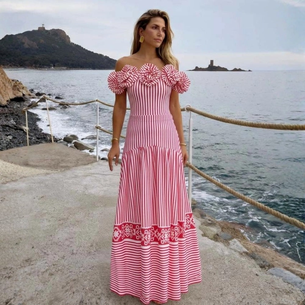 Bañador de una pieza con top bandeau, estampado floral 3D y rayas para mujer