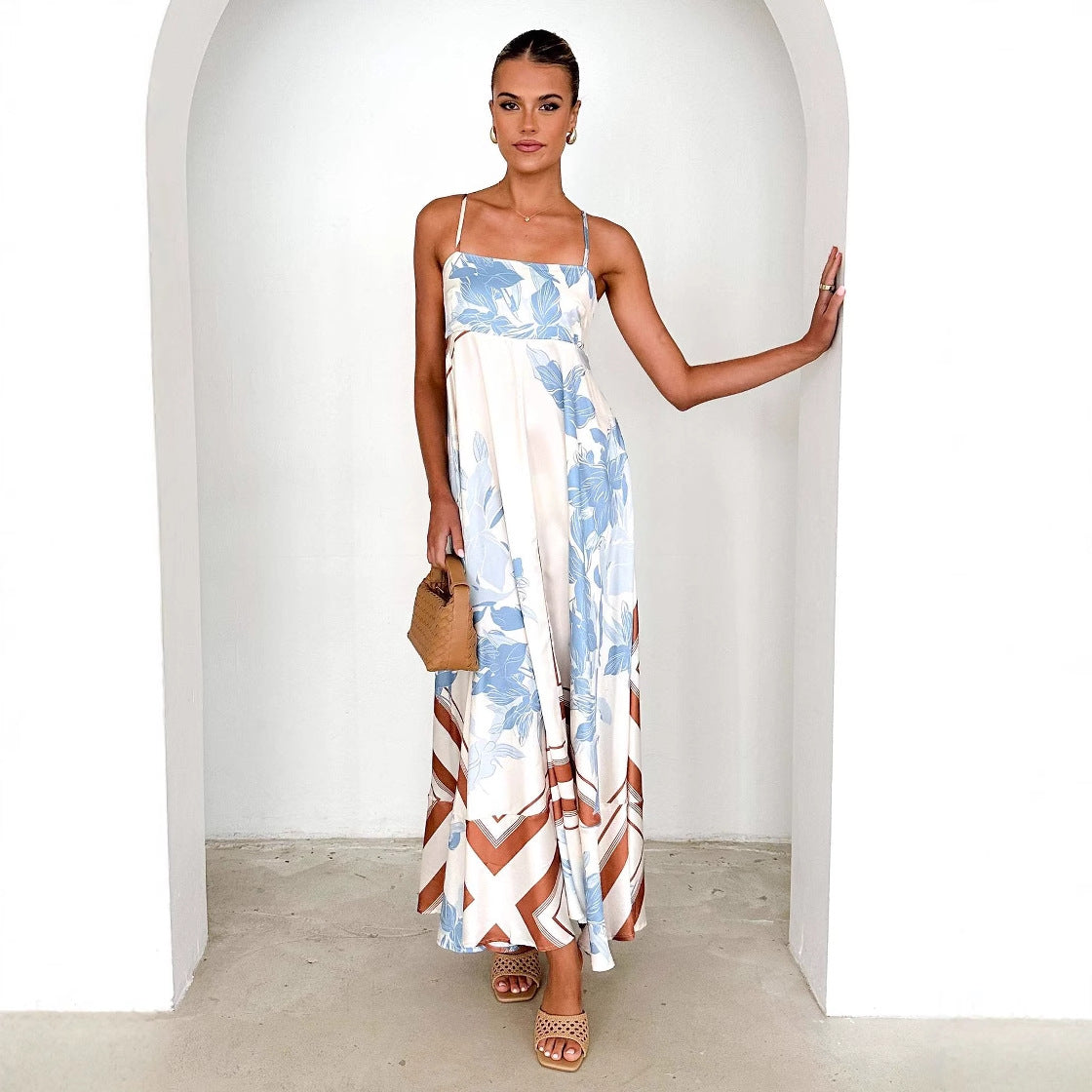 Summer Printed Backless Sexy Suspenders Large Swing High Waist Dress Women XINXI