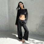 Autumn White Knitted Fabric round Neck Long Sleeved Trousers Pajamas Two Piece Loose Comfortable Ladies Homewear