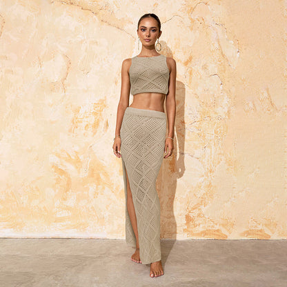 Bikini de punto con aberturas para mujer, traje de baño sexy de color liso para playa y verano, ropa de protección solar