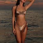 Solid Color Split Swimsuit Women Sexy High Split Lace up Tube Top Bikini Thunder