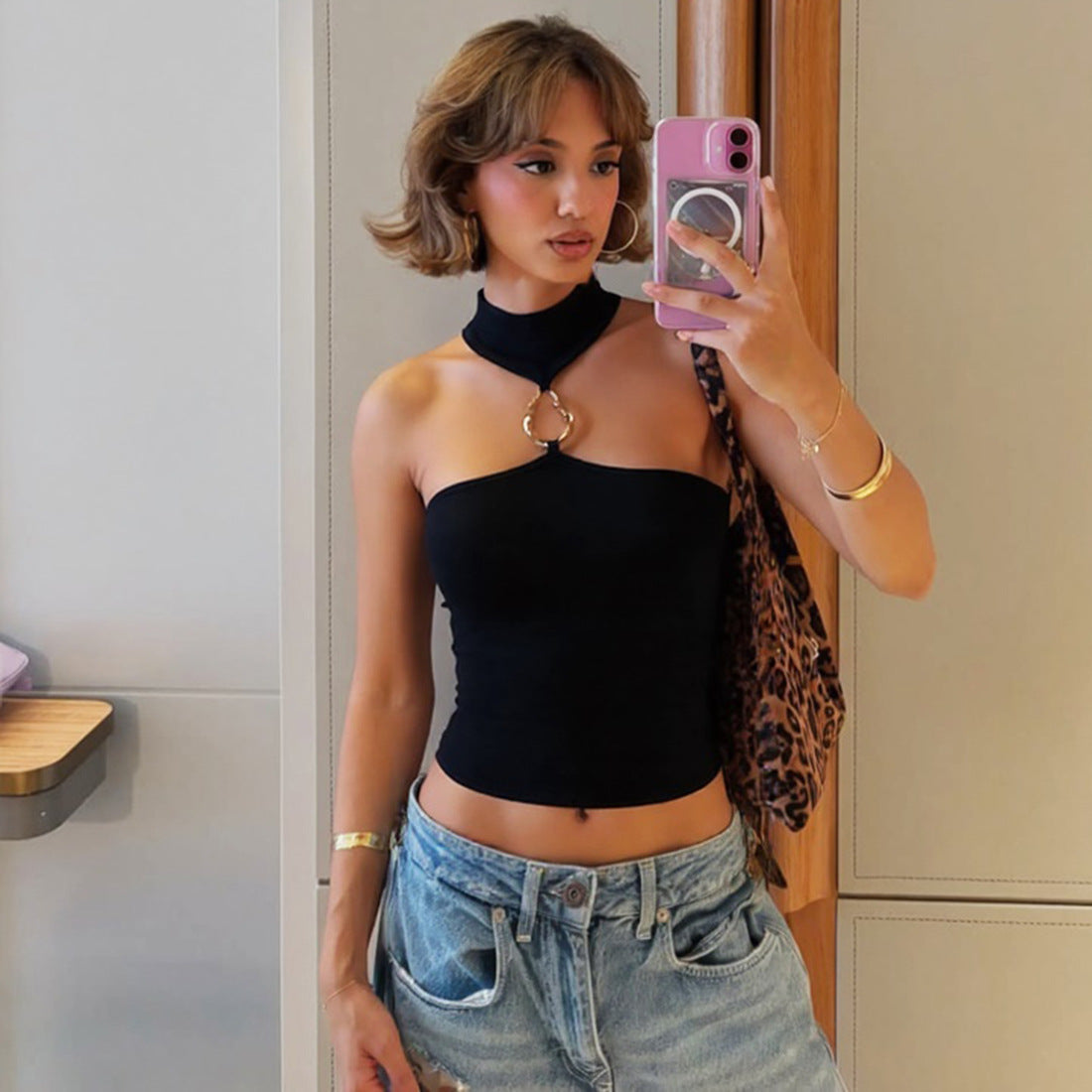 Women Clothing Summer Pure Sexy Sleeveless Slim Fit Cropped Halter Vest YIMAIL