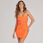 Robe de soirée courte fourreau orange sexy à paillettes pour femme, vêtement printemps-été