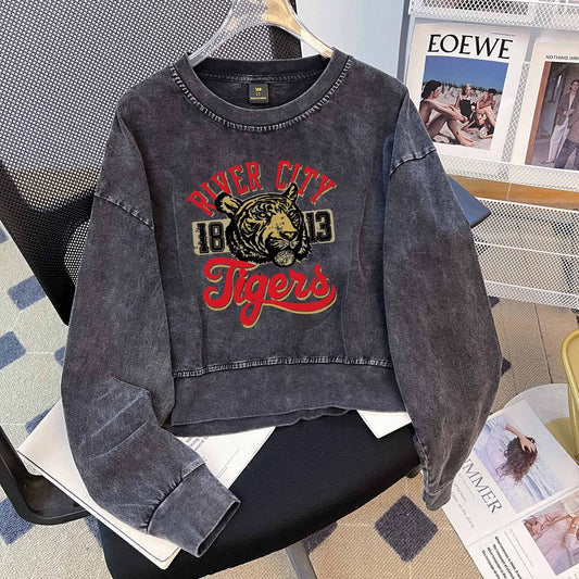 Brand Washed Distressed Loose O neck Short Sweater Niche Washed Vintage Pure Cotton Long T Shirt Trendy