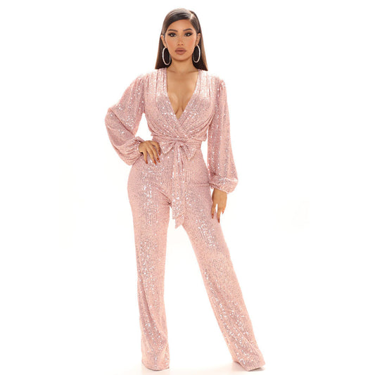 Combinaison-pantalon à sequins pour femme, décolleté plongeant en V, manches longues, automne haut de gamme