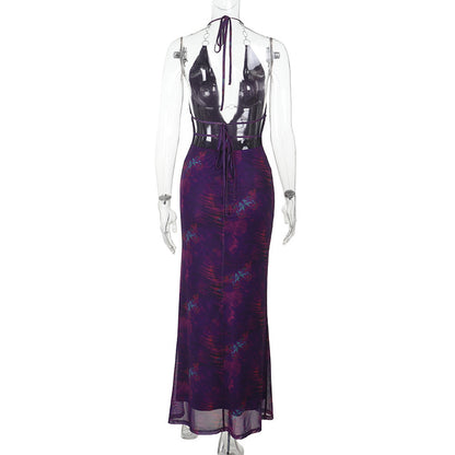 Women Clothing Chain Season Floral Print Slit Sexy V neck Small Backless Slim Fit Dress