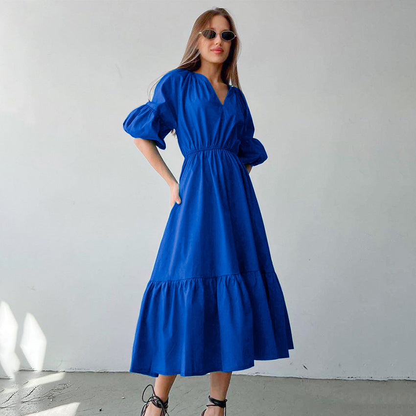 Summer Office Klein Blue Puff Sleeve High Waist A- line Dress Fashionable Simple Women Dress FOREVEREIGHTEEN