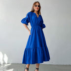 Summer Office Klein Blue Puff Sleeve High Waist A- line Dress Fashionable Simple Women Dress FOREVEREIGHTEEN