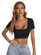 Women Clothing Summer New Square Collar cropped T-shirt Sexy Slim Street Short Sleeve Yiskiss