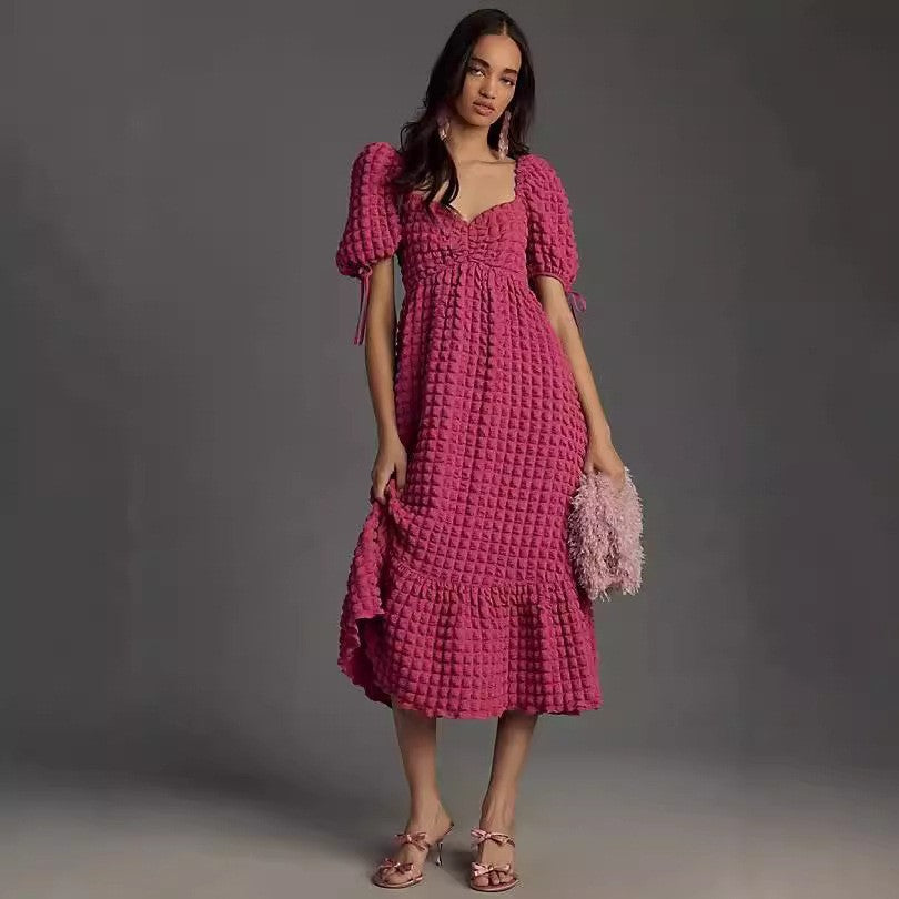 Bubble Sleeve Women Elegant Dress Long Short Sleeve French Tied Vacation Dress Eedele