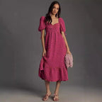 Bubble Sleeve Women Elegant Dress Long Short Sleeve French Tied Vacation Dress Eedele