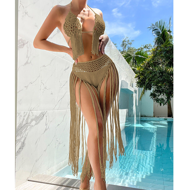 Beach Tourism Hand Crocheting Three Dimensional Floral Tassel Beach Sexy Open Back Swimsuit Bikini Set Crochet hook Tidee