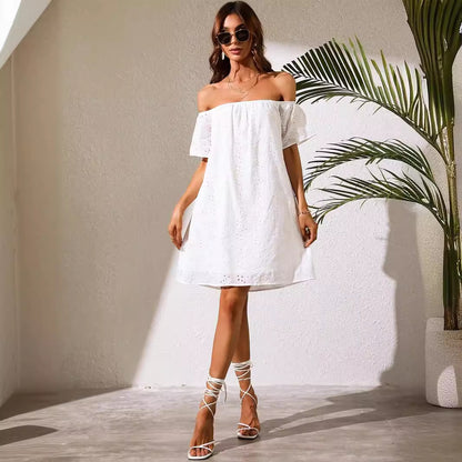 Women Clothing White Off The Shoulder Clothes Eyelet Embroidery No Belt Dress