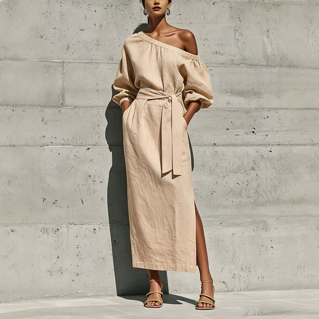 Elegant Loose Linen Strapless Side Slit Design Dress with Belt Venly