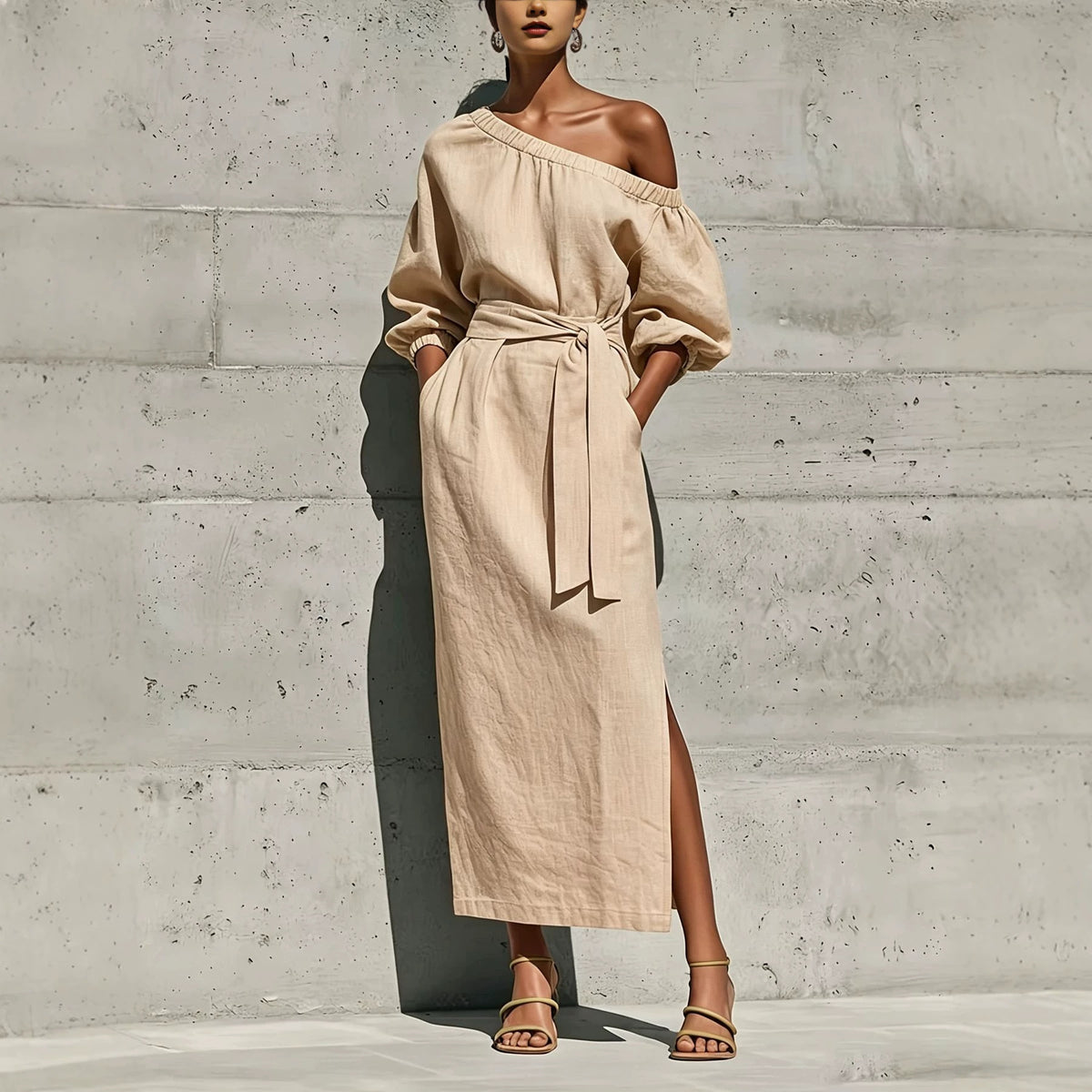 Elegant Loose Linen Strapless Side Slit Design Dress with Belt Venly