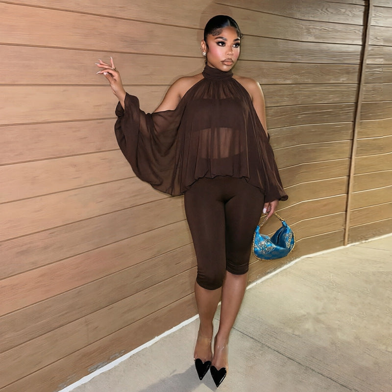 Women Clothing Autumn Winter Solid Color round Neck off the Shoulder Long Sleeve Top Tube Top Cropped Trousers Three Piece Set HONEYBADGER