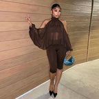 Women Clothing Autumn Winter Solid Color round Neck off the Shoulder Long Sleeve Top Tube Top Cropped Trousers Three Piece Set HONEYBADGER