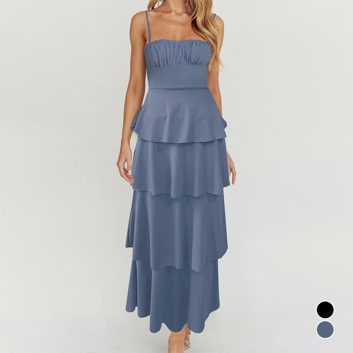 Sexy Backless Suspender Layered Dress Pleated Lace up Slim Fit Dress