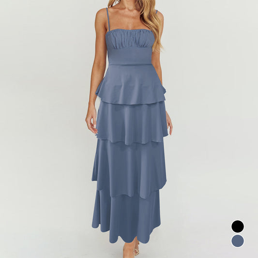 Sexy Backless Suspender Layered Dress Pleated Lace up Slim Fit Dress