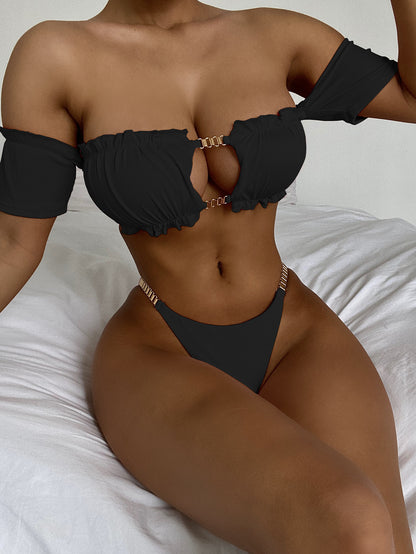 Bikini Double Solid Color Bikini Women Swimsuit Swimwear Short Sleeve Swimsuit Outfit Beach