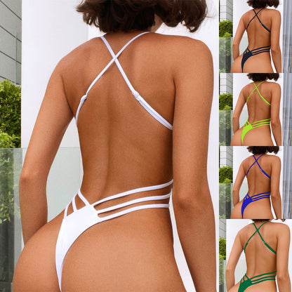 Chic Double One Piece Swimsuit Solid Color Bikini Swimsuit Women Backless Swimsuit Sexy Bikini