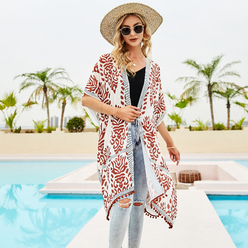 Chemisier de protection solaire en mousseline de soie à imprimé floral rayé printemps-été, cardigan décoratif à boule