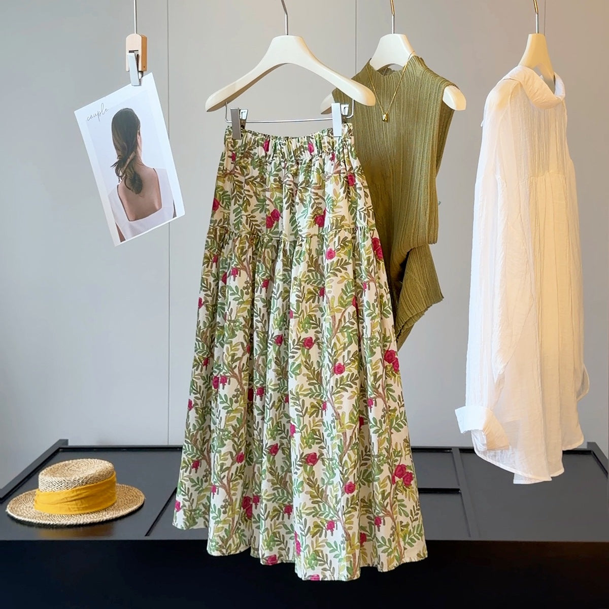 Plant Print Skirt Women Summer High Waist Slimming A line Unique Chic Maxi Skirt Sunnygrace