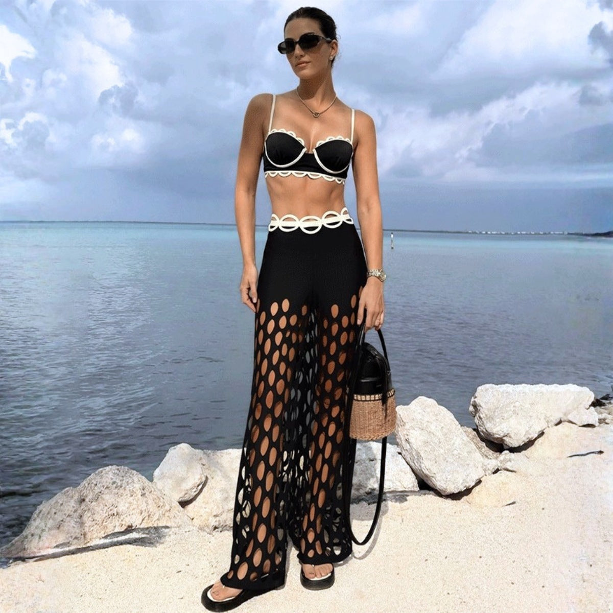 Swimsuit Black Niche High Grade Hollow Out Cutout Beach Pants One Piece Swimsuit Set Women ShineRealm