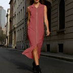 Office Stand Collar Sleeveless Vest Dress Solid Color Loose Split Maxi Dress Eping