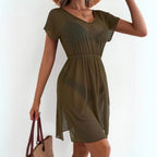 Casual V neck Sleeveless Jacket Short Sleeved Cinched Mesh Women Dress AXE