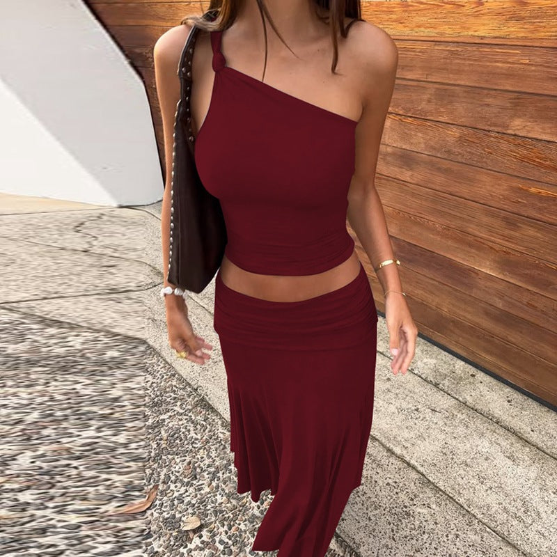 Women Solid Color Shoulder Sleeveless Cropped Small Tank Top Top High Waist Ruched Skirt Two Piece Set Flash Vision