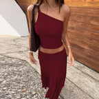 Women Solid Color Shoulder Sleeveless Cropped Small Tank Top Top High Waist Ruched Skirt Two Piece Set Flash Vision