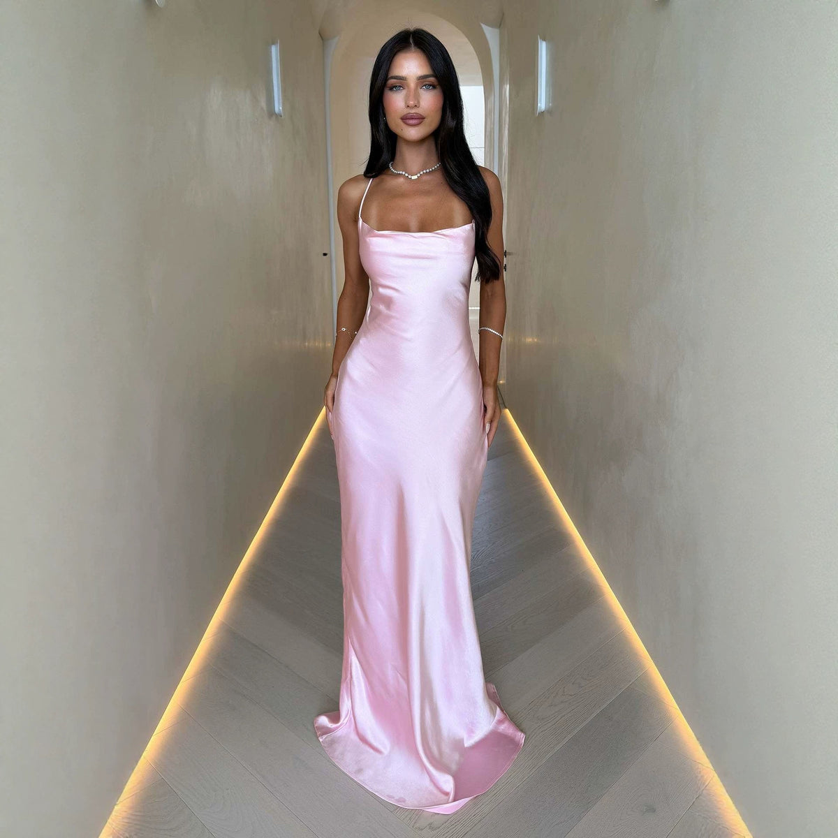 Long Slim Fit Sexy Large V neck Sling Soft Smooth Thin Twisting Satin Silk Dress XINXI