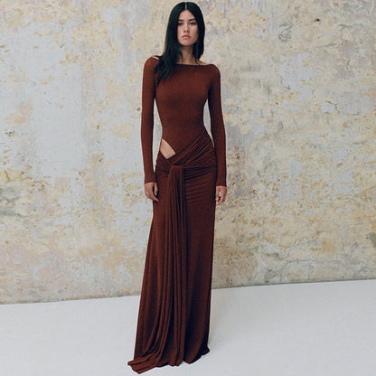 Women Clothing Autumn Solid Color round Neck Long Sleeve Waist Hollow Out Cutout out Strap Slim Maxi Dress