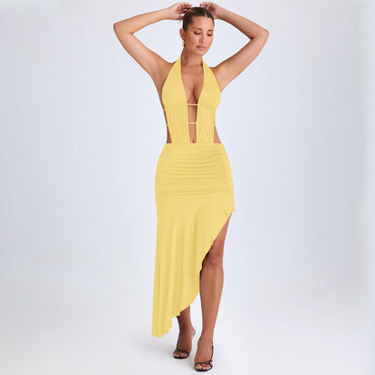 Irregular Asymmetric Women Pleated Tied Dress Autumn Winter Sexy Backless Hollow Out Cutout Hip Dress