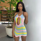 Robe courte sexy en laine pour femme, à rayures ondulées et couleurs contrastées, dos nu, décolleté ajouré, bretelles dos nu et découpes.