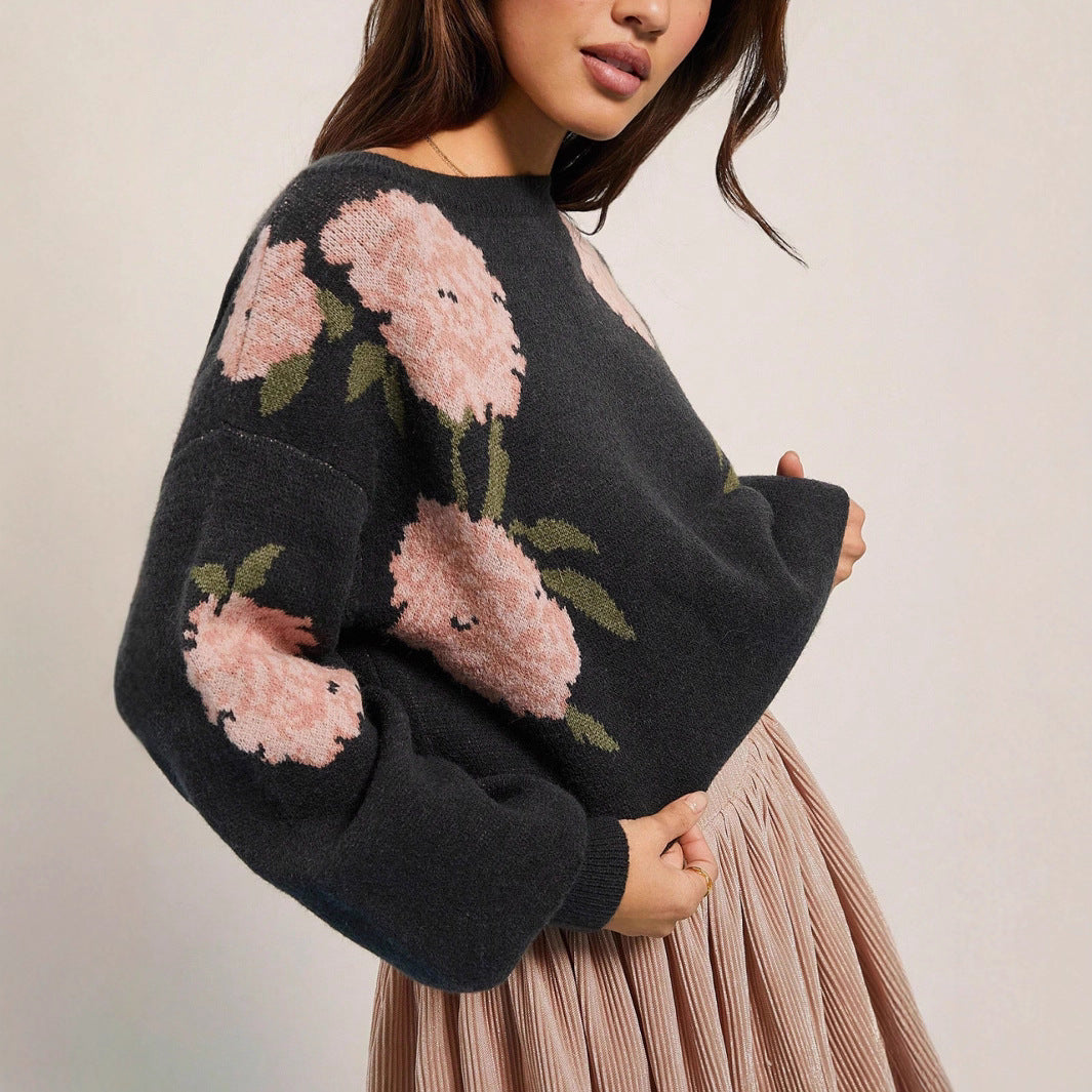 Autumn Winter Sweater Idle Simple Plant Floral round Neck Loose Knitwear